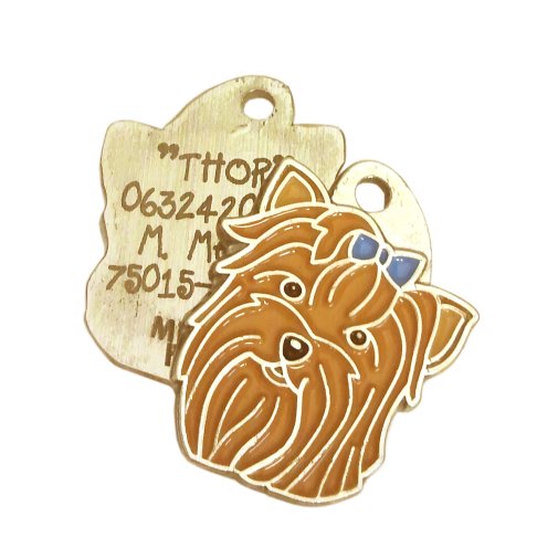 Custom personalized dog name tag Yorkshire terrier blue

This unique, cute and quality dog id tag is offered with laser engraved name and phone no. or your custom text. Stainless steel split ring for easy attachment to your pets collar. All items are also available as keychains.
Gift for dogs and dog lovers.

Color: colored/silver
Size: 23 x 29 mm

Engraving area: 15 x 15 mm
Laser engraving personalization on the back side is included in the price. Enter the text you wish to have engraved. Suggestion: dog's name and phone number. We engrave on the back side of the tag. Engraving will be centered and easy to read. If you go over the recommended count then the text becomes smaller, and harder to read.

Metal, chrome plated dog tag or key ring. 
Hand made, hand colored, made in Slovenia. 

In stock.
