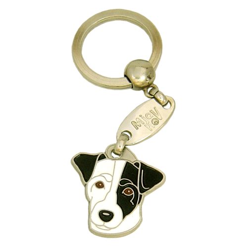 Custom personalized dog name tag Russell terrier white, black eyed

This unique, cute and quality dog id tag is offered with laser engraved name and phone no. or your custom text. Stainless steel split ring for easy attachment to your pets collar. All items are also available as keychains.
Gift for dogs and dog lovers.

Color: colored/silver
Size: 28 x 29 mm

Engraving area: 17 x 12 mm
Laser engraving personalization on the back side is included in the price. Enter the text you wish to have engraved. Suggestion: dog's name and phone number. We engrave on the back side of the tag. Engraving will be centered and easy to read. If you go over the recommended count then the text becomes smaller, and harder to read.

Metal, chrome plated dog tag or key ring. 
Hand made, hand colored, made in Slovenia. 

In stock.
