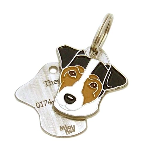 ﻿Namnbricka för hund med personlig gravyr Russell terrier tricolor

Färg: färgat/silver 
Storleken på den hängande: 28 x 29 mm
Maximal storlek gravyr: 17 x 12 mm

Brickorna är kvalitativa, kromade och handmålade.
 
Lasergraverade inskription på baksidan av hundbricka ingår i priset.

Alla ID-brickor levereras med en ring, för enkel och säker montering på djurets halsband.

Handgjorda, tillverkade i Slovenien.

På lager.
