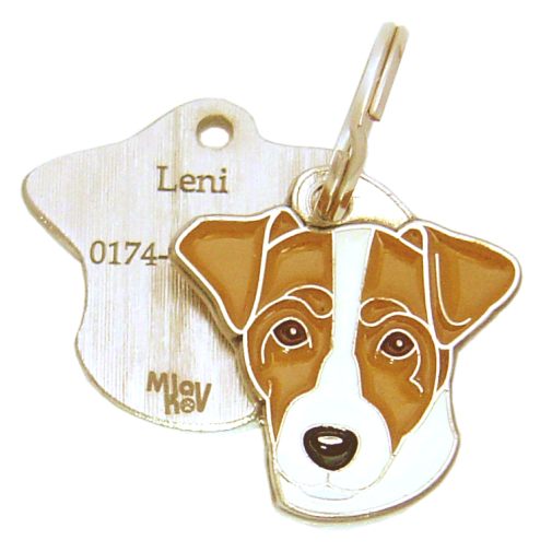 Custom personalized dog name tag Russell terrier white and brown

This unique, cute and quality dog id tag is offered with laser engraved name and phone no. or your custom text. Stainless steel split ring for easy attachment to your pets collar. All items are also available as keychains.
Gift for dogs and dog lovers.

Color: colored/silver
Size: 28 x 29 mm

Engraving area: 17 x 12 mm
Laser engraving personalization on the back side is included in the price. Enter the text you wish to have engraved. Suggestion: dog's name and phone number. We engrave on the back side of the tag. Engraving will be centered and easy to read. If you go over the recommended count then the text becomes smaller, and harder to read.

Metal, chrome plated dog tag or key ring. 
Hand made, hand colored, made in Slovenia. 

In stock.
