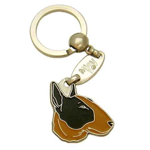 Custom personalized dog name tag Bull terrier black & tan

This unique, cute and quality dog id tag is offered with laser engraved name and phone no. or your custom text. Stainless steel split ring for easy attachment to your pets collar. All items are also available as keychains.
Gift for dogs and dog lovers.

Color: colored/silver
Size: 30 x 32 mm

Engraving area: 20 x 12 mm
Laser engraving personalization on the back side is included in the price. Enter the text you wish to have engraved. Suggestion: dog's name and phone number. We engrave on the back side of the tag. Engraving will be centered and easy to read. If you go over the recommended count then the text becomes smaller, and harder to read.

Metal, chrome plated dog tag or key ring. 
Hand made, hand colored, made in Slovenia. 

In stock.
