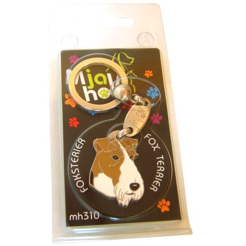 Custom personalized dog name tag FOX TERRIER
Color: colored/silver 
Dim: 24 x 35 mm
Engraving area: 
20 x 15 mm
Metal, chrome plated pet tag.
 
Personalized laser engraving on the back side included.

Hand made 
MADE IN SLOVENIA

In stock.
