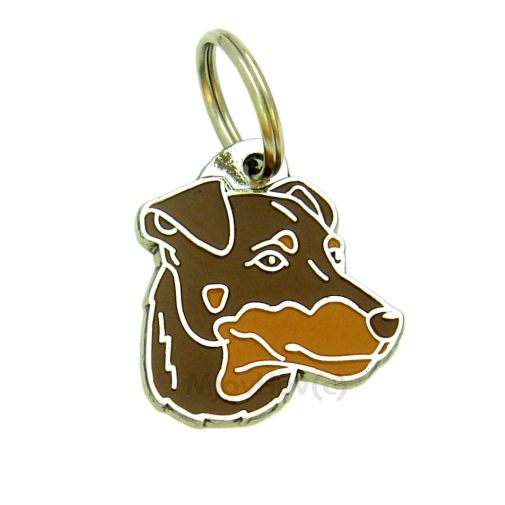 Custom personalized dog name tag German hunting terrier smooth brown

This unique, cute and quality dog id tag is offered with laser engraved name and phone no. or your custom text. Stainless steel split ring for easy attachment to your pets collar. All items are also available as keychains.
Gift for dogs and dog lovers.

Color: colored/silver
Size: 30 x 32 mm

Engraving area: 18 x 18 mm
Laser engraving personalization on the back side is included in the price. Enter the text you wish to have engraved. Suggestion: dog's name and phone number. We engrave on the back side of the tag. Engraving will be centered and easy to read. If you go over the recommended count then the text becomes smaller, and harder to read.

Metal, chrome plated dog tag or key ring. 
Hand made, hand colored, made in Slovenia. 

In stock.
