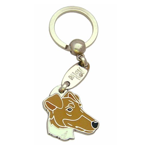 Custom personalized dog name tag Smooth fox terrier white brown

This unique, cute and quality dog id tag is offered with laser engraved name and phone no. or your custom text. Stainless steel split ring for easy attachment to your pets collar. All items are also available as keychains.
Gift for dogs and dog lovers.

Color: colored/silver
Size: 31 x 31 mm

Engraving area: 18 x 14 mm
Laser engraving personalization on the back side is included in the price. Enter the text you wish to have engraved. Suggestion: dog's name and phone number. We engrave on the back side of the tag. Engraving will be centered and easy to read. If you go over the recommended count then the text becomes smaller, and harder to read.

Metal, chrome plated dog tag or key ring. 
Hand made, hand colored, made in Slovenia. 

In stock.
