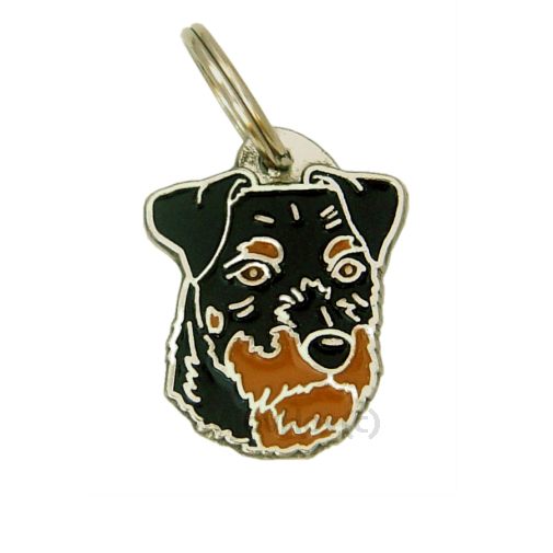Custom personalized dog name tag German hunting terrier rough

This unique, cute and quality dog id tag is offered with laser engraved name and phone no. or your custom text. Stainless steel split ring for easy attachment to your pets collar. All items are also available as keychains.
Gift for dogs and dog lovers.

Color: colored/silver
Size: 21 x 31 mm

Engraving area: 20 x 15 mm
Laser engraving personalization on the back side is included in the price. Enter the text you wish to have engraved. Suggestion: dog's name and phone number. We engrave on the back side of the tag. Engraving will be centered and easy to read. If you go over the recommended count then the text becomes smaller, and harder to read.

Metal, chrome plated dog tag or key ring. 
Hand made, hand colored, made in Slovenia. 

In stock.
