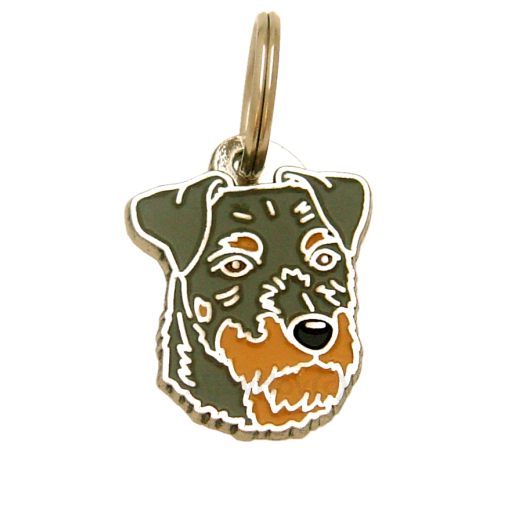 Custom personalized dog name tag German hunting terrier rough grey

This unique, cute and quality dog id tag is offered with laser engraved name and phone no. or your custom text. Stainless steel split ring for easy attachment to your pets collar. All items are also available as keychains.
Gift for dogs and dog lovers.

Color: colored/silver
Size: 21 x 31 mm

Engraving area: 20 x 15 mm
Laser engraving personalization on the back side is included in the price. Enter the text you wish to have engraved. Suggestion: dog's name and phone number. We engrave on the back side of the tag. Engraving will be centered and easy to read. If you go over the recommended count then the text becomes smaller, and harder to read.

Metal, chrome plated dog tag or key ring. 
Hand made, hand colored, made in Slovenia. 

In stock.
