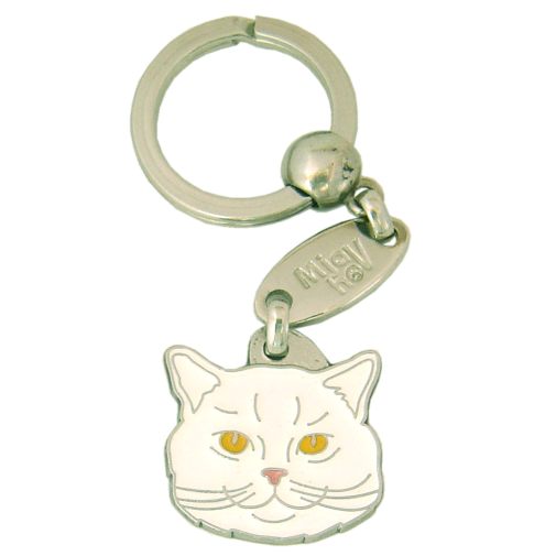 Custom personalized cat name tag British shorthair white

This unique, cute and quality cat id tag is offered with laser engraved name and phone no. or your custom text. Stainless steel split ring for easy attachment to your pets collar. All items are also available as keychains.
Gift for cats and cat lovers.

Color: colored/silver
Size: 26 x 26 mm

Engraving area: 20 x 14 mm
Laser engraving personalization on the back side is included in the price. Enter the text you wish to have engraved. Suggestion: cat's name and phone number. We engrave on the back side of the tag. Engraving will be centered and easy to read. If you go over the recommended count then the text becomes smaller, and harder to read.

Metal, chrome plated cat tag or key ring. 
Hand made, hand colored, made in Slovenia. 

In stock.
