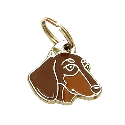 Custom personalized dog name tag Dachshund brown

This unique, cute and quality dog id tag is offered with laser engraved name and phone no. or your custom text. Stainless steel split ring for easy attachment to your pets collar. All items are also available as keychains.
Gift for dogs and dog lovers.

Color: colored/silver
Size: 29 x 28 mm

Engraving area: 17 x 12 mm
Laser engraving personalization on the back side is included in the price. Enter the text you wish to have engraved. Suggestion: dog's name and phone number. We engrave on the back side of the tag. Engraving will be centered and easy to read. If you go over the recommended count then the text becomes smaller, and harder to read.

Metal, chrome plated dog tag or key ring. 
Hand made, hand colored, made in Slovenia. 

In stock.
