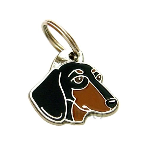 Custom personalized dog name tag Dachshund black and tan

This unique, cute and quality dog id tag is offered with laser engraved name and phone no. or your custom text. Stainless steel split ring for easy attachment to your pets collar. All items are also available as keychains.
Gift for dogs and dog lovers.

Color: colored/silver
Size: 29 x 28 mm

Engraving area: 17 x 12 mm
Laser engraving personalization on the back side is included in the price. Enter the text you wish to have engraved. Suggestion: dog's name and phone number. We engrave on the back side of the tag. Engraving will be centered and easy to read. If you go over the recommended count then the text becomes smaller, and harder to read.

Metal, chrome plated dog tag or key ring. 
Hand made, hand colored, made in Slovenia. 

In stock.

