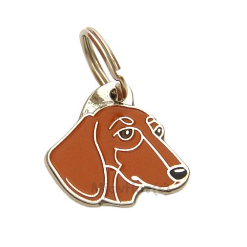 Custom personalized dog name tag Dachshund red

This unique, cute and quality dog id tag is offered with laser engraved name and phone no. or your custom text. Stainless steel split ring for easy attachment to your pets collar. All items are also available as keychains.
Gift for dogs and dog lovers.

Color: colored/silver
Size: 29 x 28 mm

Engraving area: 17 x 12 mm
Laser engraving personalization on the back side is included in the price. Enter the text you wish to have engraved. Suggestion: dog's name and phone number. We engrave on the back side of the tag. Engraving will be centered and easy to read. If you go over the recommended count then the text becomes smaller, and harder to read.

Metal, chrome plated dog tag or key ring. 
Hand made, hand colored, made in Slovenia. 

In stock.
