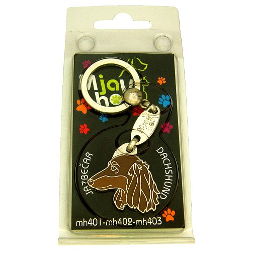 Custom personalized dog name tag Dachshund longhaired brown

This unique, cute and quality dog id tag is offered with laser engraved name and phone no. or your custom text. Stainless steel split ring for easy attachment to your pets collar. All items are also available as keychains.
Gift for dogs and dog lovers.

Color: colored/silver
Size: 30 x 30 mm

Engraving area: 19 x 13 mm
Laser engraving personalization on the back side is included in the price. Enter the text you wish to have engraved. Suggestion: dog's name and phone number. We engrave on the back side of the tag. Engraving will be centered and easy to read. If you go over the recommended count then the text becomes smaller, and harder to read.

Metal, chrome plated dog tag or key ring. 
Hand made, hand colored, made in Slovenia. 

In stock.
