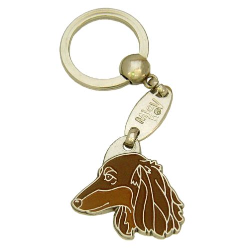 Custom personalized dog name tag Dachshund longhaired brown

This unique, cute and quality dog id tag is offered with laser engraved name and phone no. or your custom text. Stainless steel split ring for easy attachment to your pets collar. All items are also available as keychains.
Gift for dogs and dog lovers.

Color: colored/silver
Size: 30 x 30 mm

Engraving area: 19 x 13 mm
Laser engraving personalization on the back side is included in the price. Enter the text you wish to have engraved. Suggestion: dog's name and phone number. We engrave on the back side of the tag. Engraving will be centered and easy to read. If you go over the recommended count then the text becomes smaller, and harder to read.

Metal, chrome plated dog tag or key ring. 
Hand made, hand colored, made in Slovenia. 

In stock.
