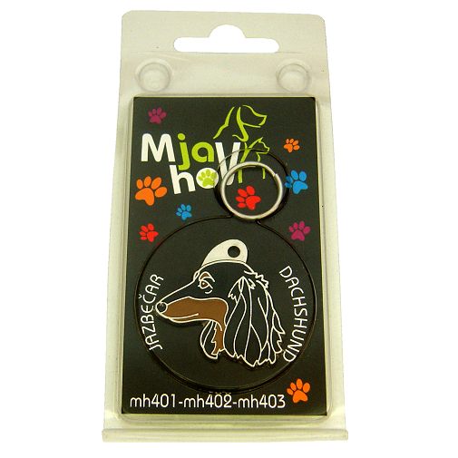 Custom personalized dog name tag Dachshund longhaired

This unique, cute and quality dog id tag is offered with laser engraved name and phone no. or your custom text. Stainless steel split ring for easy attachment to your pets collar. All items are also available as keychains.
Gift for dogs and dog lovers.

Color: colored/silver
Size: 30 x 30 mm

Engraving area: 19 x 13 mm
Laser engraving personalization on the back side is included in the price. Enter the text you wish to have engraved. Suggestion: dog's name and phone number. We engrave on the back side of the tag. Engraving will be centered and easy to read. If you go over the recommended count then the text becomes smaller, and harder to read.

Metal, chrome plated dog tag or key ring. 
Hand made, hand colored, made in Slovenia. 

In stock.

