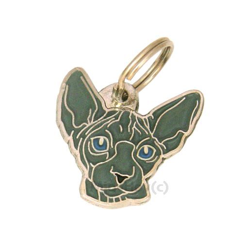 Custom personalized cat name tag Sphynx cat blue, blue eyes

This unique, cute and quality cat id tag is offered with laser engraved name and phone no. or your custom text. Stainless steel split ring for easy attachment to your pets collar. All items are also available as keychains.
Gift for cats and cat lovers.

Color: colored/silver
Size: 30 x 31 mm

Engraving area: 18 x 12 mm
Laser engraving personalization on the back side is included in the price. Enter the text you wish to have engraved. Suggestion: cat's name and phone number. We engrave on the back side of the tag. Engraving will be centered and easy to read. If you go over the recommended count then the text becomes smaller, and harder to read.

Metal, chrome plated cat tag or key ring. 
Hand made, hand colored, made in Slovenia. 

In stock.
