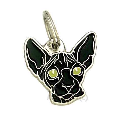 Custom personalized cat name tag Sphynx cat black

This unique, cute and quality cat id tag is offered with laser engraved name and phone no. or your custom text. Stainless steel split ring for easy attachment to your pets collar. All items are also available as keychains.
Gift for cats and cat lovers.

Color: colored/silver
Size: 30 x 31 mm

Engraving area: 18 x 12 mm
Laser engraving personalization on the back side is included in the price. Enter the text you wish to have engraved. Suggestion: cat's name and phone number. We engrave on the back side of the tag. Engraving will be centered and easy to read. If you go over the recommended count then the text becomes smaller, and harder to read.

Metal, chrome plated cat tag or key ring. 
Hand made, hand colored, made in Slovenia. 

In stock.
