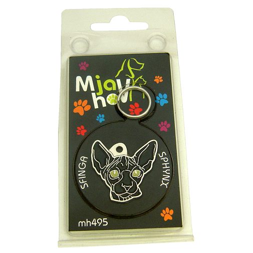 Custom personalized cat name tag Sphynx cat black

This unique, cute and quality cat id tag is offered with laser engraved name and phone no. or your custom text. Stainless steel split ring for easy attachment to your pets collar. All items are also available as keychains.
Gift for cats and cat lovers.

Color: colored/silver
Size: 30 x 31 mm

Engraving area: 18 x 12 mm
Laser engraving personalization on the back side is included in the price. Enter the text you wish to have engraved. Suggestion: cat's name and phone number. We engrave on the back side of the tag. Engraving will be centered and easy to read. If you go over the recommended count then the text becomes smaller, and harder to read.

Metal, chrome plated cat tag or key ring. 
Hand made, hand colored, made in Slovenia. 

In stock.
