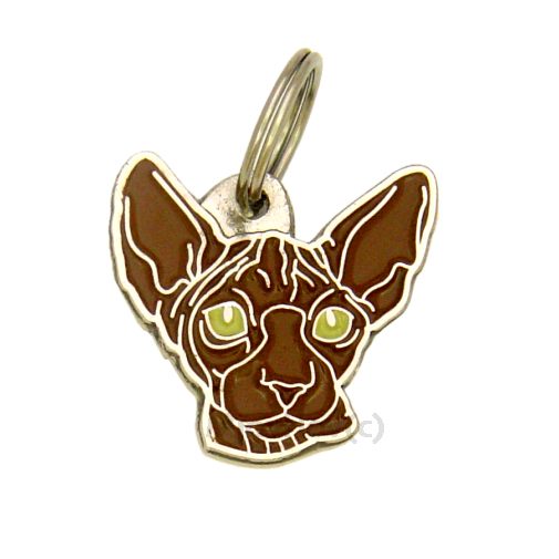 Custom personalized cat name tag Sphynx cat brown

This unique, cute and quality cat id tag is offered with laser engraved name and phone no. or your custom text. Stainless steel split ring for easy attachment to your pets collar. All items are also available as keychains.
Gift for cats and cat lovers.

Color: colored/silver
Size: 30 x 31 mm

Engraving area: 18 x 12 mm
Laser engraving personalization on the back side is included in the price. Enter the text you wish to have engraved. Suggestion: cat's name and phone number. We engrave on the back side of the tag. Engraving will be centered and easy to read. If you go over the recommended count then the text becomes smaller, and harder to read.

Metal, chrome plated cat tag or key ring. 
Hand made, hand colored, made in Slovenia. 

In stock.
