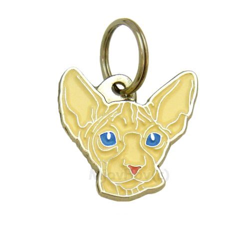Custom personalized cat name tag Sphynx cat cream, blue eyes

This unique, cute and quality cat id tag is offered with laser engraved name and phone no. or your custom text. Stainless steel split ring for easy attachment to your pets collar. All items are also available as keychains.
Gift for cats and cat lovers.

Color: colored/silver
Size: 30 x 31 mm

Engraving area: 18 x 12 mm
Laser engraving personalization on the back side is included in the price. Enter the text you wish to have engraved. Suggestion: cat's name and phone number. We engrave on the back side of the tag. Engraving will be centered and easy to read. If you go over the recommended count then the text becomes smaller, and harder to read.

Metal, chrome plated cat tag or key ring. 
Hand made, hand colored, made in Slovenia. 

In stock.
