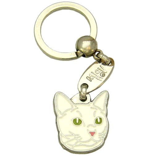 Custom personalized cat name tag Russian white cat

This unique, cute and quality cat id tag is offered with laser engraved name and phone no. or your custom text. Stainless steel split ring for easy attachment to your pets collar. All items are also available as keychains.
Gift for cats and cat lovers.

Color: colored/silver
Size: 24 x 27 mm

Engraving area: 19 x 15 mm
Laser engraving personalization on the back side is included in the price. Enter the text you wish to have engraved. Suggestion: cat's name and phone number. We engrave on the back side of the tag. Engraving will be centered and easy to read. If you go over the recommended count then the text becomes smaller, and harder to read.

Metal, chrome plated cat tag or key ring. 
Hand made, hand colored, made in Slovenia. 

In stock.
