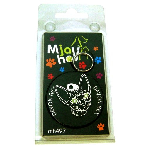 Custom personalized cat name tag DEVON REX BLACK
Color: colored/silver 
Dim:  27 x 32 mm
Engraving area: 
18 x 12 mm
Metal, chrome plated pet tag.
 
Personalized laser engraving on the back side included.

Hand made 
MADE IN SLOVENIA

In stock.
