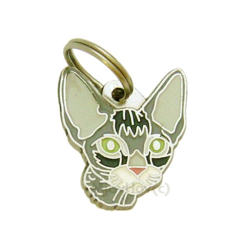 Custom personalized cat name tag DEVON REX GREY
Color: colored/silver 
Dim:  27 x 32 mm
Engraving area: 
18 x 12 mm
Metal, chrome plated pet tag.
 
Personalized laser engraving on the back side included.

Hand made 
MADE IN SLOVENIA

In stock.

