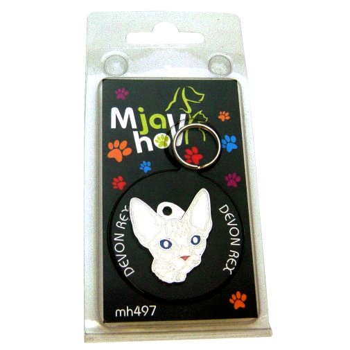 Custom personalized cat name tag DEVON REX WHITE
Color: colored/silver 
Dim:  27 x 32 mm
Engraving area: 
18 x 12 mm
Metal, chrome plated pet tag.
 
Personalized laser engraving on the back side included.

Hand made 
MADE IN SLOVENIA

In stock.
