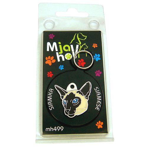 Custom personalized cat name tag Siamese cat

This unique, cute and quality cat id tag is offered with laser engraved name and phone no. or your custom text. Stainless steel split ring for easy attachment to your pets collar. All items are also available as keychains.
Gift for cats and cat lovers.

Color: colored/silver
Size: 29 x 29 mm

Engraving area: 17 x 14 mm
Laser engraving personalization on the back side is included in the price. Enter the text you wish to have engraved. Suggestion: cat's name and phone number. We engrave on the back side of the tag. Engraving will be centered and easy to read. If you go over the recommended count then the text becomes smaller, and harder to read.

Metal, chrome plated cat tag or key ring. 
Hand made, hand colored, made in Slovenia. 

In stock.
