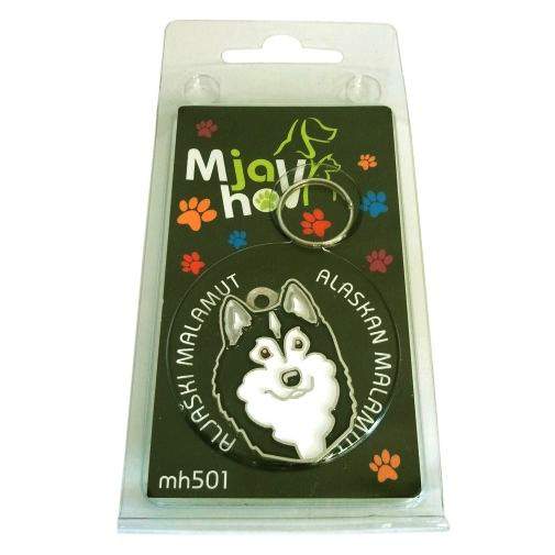 Custom personalized dog name tag ALASKAN MALAMUTE BLACK AND WHITE
Color: colored/silver 
Dim:  26 x 35 mm
Engraving area: 
22 x 23 mm
Metal, chrome plated pet tag.
 
Personalized laser engraving on the back side included.

Hand made 
MADE IN SLOVENIA

In stock.
