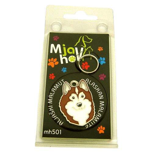 Custom personalized dog name tag ALASKAN MALAMUTE BROWN
Color: colored/silver 
Dim:  26 x 35 mm
Engraving area: 
22 x 23 mm
Metal, chrome plated pet tag.
 
Personalized laser engraving on the back side included.

Hand made 
MADE IN SLOVENIA

In stock.
