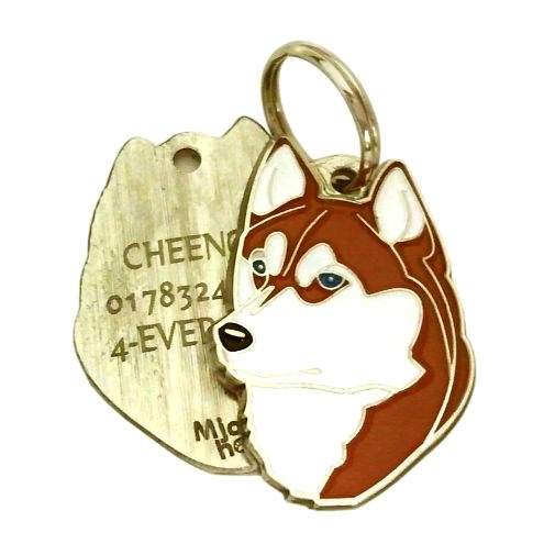 Custom personalized dog name tag Siberian husky brown

This unique, cute and quality dog id tag is offered with laser engraved name and phone no. or your custom text. Stainless steel split ring for easy attachment to your pets collar. All items are also available as keychains.
Gift for dogs and dog lovers.

Color: colored/silver
Size: 26 x 36 mm

Engraving area: 18 x 22 mm
Laser engraving personalization on the back side is included in the price. Enter the text you wish to have engraved. Suggestion: dog's name and phone number. We engrave on the back side of the tag. Engraving will be centered and easy to read. If you go over the recommended count then the text becomes smaller, and harder to read.

Metal, chrome plated dog tag or key ring. 
Hand made, hand colored, made in Slovenia. 

In stock.
