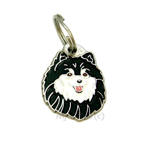 Custom personalized dog name tag Pomeranian black and white

This unique, cute and quality dog id tag is offered with laser engraved name and phone no. or your custom text. Stainless steel split ring for easy attachment to your pets collar. All items are also available as keychains.
Gift for dogs and dog lovers.

Color: colored/silver
Size: 30 x 24 mm

Engraving area: 19 x 15 mm
Laser engraving personalization on the back side is included in the price. Enter the text you wish to have engraved. Suggestion: dog's name and phone number. We engrave on the back side of the tag. Engraving will be centered and easy to read. If you go over the recommended count then the text becomes smaller, and harder to read.

Metal, chrome plated dog tag or key ring. 
Hand made, hand colored, made in Slovenia. 

In stock.
