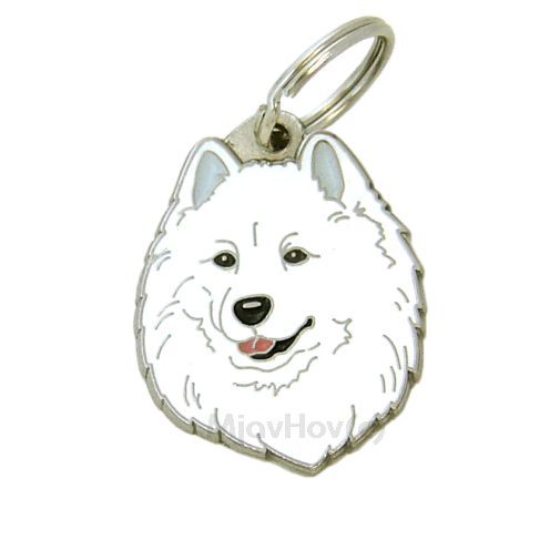 Custom personalized dog name tag Samoyed

This unique, cute and quality dog id tag is offered with laser engraved name and phone no. or your custom text. Stainless steel split ring for easy attachment to your pets collar. All items are also available as keychains.
Gift for dogs and dog lovers.

Color: colored/silver
Size: 27 x 36 mm

Engraving area: 22 x 18 mm
Laser engraving personalization on the back side is included in the price. Enter the text you wish to have engraved. Suggestion: dog's name and phone number. We engrave on the back side of the tag. Engraving will be centered and easy to read. If you go over the recommended count then the text becomes smaller, and harder to read.

Metal, chrome plated dog tag or key ring. 
Hand made, hand colored, made in Slovenia. 

In stock.
