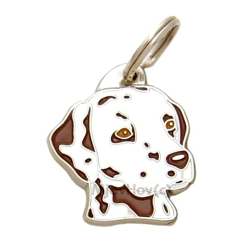 Custom personalized dog name tag Dalmatian brown white

This unique, cute and quality dog id tag is offered with laser engraved name and phone no. or your custom text. Stainless steel split ring for easy attachment to your pets collar. All items are also available as keychains.
Gift for dogs and dog lovers.

Color: colored/silver
Size: 29 x 33 mm

Engraving area: 20 x 18 mm
Laser engraving personalization on the back side is included in the price. Enter the text you wish to have engraved. Suggestion: dog's name and phone number. We engrave on the back side of the tag. Engraving will be centered and easy to read. If you go over the recommended count then the text becomes smaller, and harder to read.

Metal, chrome plated dog tag or key ring. 
Hand made, hand colored, made in Slovenia. 

In stock.
