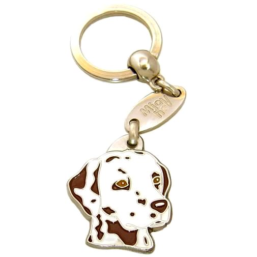 Custom personalized dog name tag Dalmatian brown white

This unique, cute and quality dog id tag is offered with laser engraved name and phone no. or your custom text. Stainless steel split ring for easy attachment to your pets collar. All items are also available as keychains.
Gift for dogs and dog lovers.

Color: colored/silver
Size: 29 x 33 mm

Engraving area: 20 x 18 mm
Laser engraving personalization on the back side is included in the price. Enter the text you wish to have engraved. Suggestion: dog's name and phone number. We engrave on the back side of the tag. Engraving will be centered and easy to read. If you go over the recommended count then the text becomes smaller, and harder to read.

Metal, chrome plated dog tag or key ring. 
Hand made, hand colored, made in Slovenia. 

In stock.
