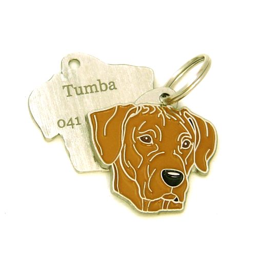 Custom personalized dog name tag Rhodesian ridgeback

This unique, cute and quality dog id tag is offered with laser engraved name and phone no. or your custom text. Stainless steel split ring for easy attachment to your pets collar. All items are also available as keychains.
Gift for dogs and dog lovers.

Color: colored/silver
Size: 33 x 33 mm

Engraving area: 21 x 15 mm
Laser engraving personalization on the back side is included in the price. Enter the text you wish to have engraved. Suggestion: dog's name and phone number. We engrave on the back side of the tag. Engraving will be centered and easy to read. If you go over the recommended count then the text becomes smaller, and harder to read.

Metal, chrome plated dog tag or key ring. 
Hand made, hand colored, made in Slovenia. 

In stock.
