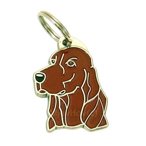 Custom personalized dog name tag Irish setter

This unique, cute and quality dog id tag is offered with laser engraved name and phone no. or your custom text. Stainless steel split ring for easy attachment to your pets collar. All items are also available as keychains.
Gift for dogs and dog lovers.

Color: colored/silver
Size: 27 x 37 mm

Engraving area: 16 x 20 mm
Laser engraving personalization on the back side is included in the price. Enter the text you wish to have engraved. Suggestion: dog's name and phone number. We engrave on the back side of the tag. Engraving will be centered and easy to read. If you go over the recommended count then the text becomes smaller, and harder to read.

Metal, chrome plated dog tag or key ring. 
Hand made, hand colored, made in Slovenia. 

In stock.
