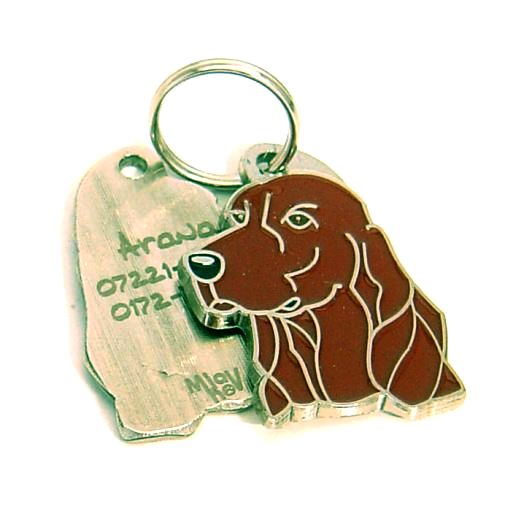 Custom personalized dog name tag Irish setter

This unique, cute and quality dog id tag is offered with laser engraved name and phone no. or your custom text. Stainless steel split ring for easy attachment to your pets collar. All items are also available as keychains.
Gift for dogs and dog lovers.

Color: colored/silver
Size: 27 x 37 mm

Engraving area: 16 x 20 mm
Laser engraving personalization on the back side is included in the price. Enter the text you wish to have engraved. Suggestion: dog's name and phone number. We engrave on the back side of the tag. Engraving will be centered and easy to read. If you go over the recommended count then the text becomes smaller, and harder to read.

Metal, chrome plated dog tag or key ring. 
Hand made, hand colored, made in Slovenia. 

In stock.
