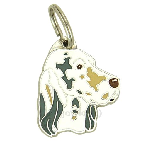 Custom personalized dog name tag English setter lemon belton and grey

This unique, cute and quality dog id tag is offered with laser engraved name and phone no. or your custom text. Stainless steel split ring for easy attachment to your pets collar. All items are also available as keychains.
Gift for dogs and dog lovers.

Color: colored/silver
Size: 31 x 35 mm

Engraving area: 20 x 12 mm
Laser engraving personalization on the back side is included in the price. Enter the text you wish to have engraved. Suggestion: dog's name and phone number. We engrave on the back side of the tag. Engraving will be centered and easy to read. If you go over the recommended count then the text becomes smaller, and harder to read.

Metal, chrome plated dog tag or key ring. 
Hand made, hand colored, made in Slovenia. 

In stock.
