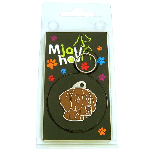 Custom personalized dog name tag Vizsla

This unique, cute and quality dog id tag is offered with laser engraved name and phone no. or your custom text. Stainless steel split ring for easy attachment to your pets collar. All items are also available as keychains.
Gift for dogs and dog lovers.

Color: colored/silver
Size: 29 x 30 mm

Engraving area: 20 x 15 mm
Laser engraving personalization on the back side is included in the price. Enter the text you wish to have engraved. Suggestion: dog's name and phone number. We engrave on the back side of the tag. Engraving will be centered and easy to read. If you go over the recommended count then the text becomes smaller, and harder to read.

Metal, chrome plated dog tag or key ring. 
Hand made, hand colored, made in Slovenia. 

In stock.
