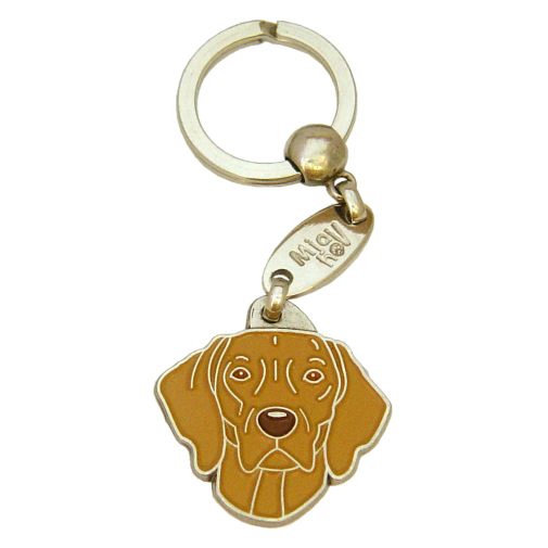 Custom personalized dog name tag Weimaraner brown

This unique, cute and quality dog id tag is offered with laser engraved name and phone no. or your custom text. Stainless steel split ring for easy attachment to your pets collar. All items are also available as keychains.
Gift for dogs and dog lovers.

Color: colored/silver
Size: 30 x 31 mm

Engraving area: 20 x 12 mm
Laser engraving personalization on the back side is included in the price. Enter the text you wish to have engraved. Suggestion: dog's name and phone number. We engrave on the back side of the tag. Engraving will be centered and easy to read. If you go over the recommended count then the text becomes smaller, and harder to read.

Metal, chrome plated dog tag or key ring. 
Hand made, hand colored, made in Slovenia. 

In stock.
