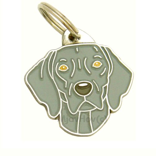 Custom personalized dog name tag Weimaraner

This unique, cute and quality dog id tag is offered with laser engraved name and phone no. or your custom text. Stainless steel split ring for easy attachment to your pets collar. All items are also available as keychains.
Gift for dogs and dog lovers.

Color: colored/silver
Size: 30 x 31 mm

Engraving area: 20 x 12 mm
Laser engraving personalization on the back side is included in the price. Enter the text you wish to have engraved. Suggestion: dog's name and phone number. We engrave on the back side of the tag. Engraving will be centered and easy to read. If you go over the recommended count then the text becomes smaller, and harder to read.

Metal, chrome plated dog tag or key ring. 
Hand made, hand colored, made in Slovenia. 

In stock.
