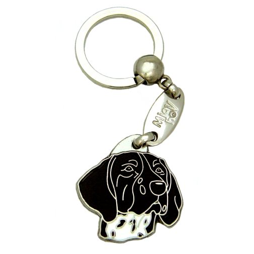 Custom personalized dog name tag German shorthaired pointer black

This unique, cute and quality dog id tag is offered with laser engraved name and phone no. or your custom text. Stainless steel split ring for easy attachment to your pets collar. All items are also available as keychains.
Gift for dogs and dog lovers.

Color: colored/silver
Size: 31 x 32 mm

Engraving area: 20 x 15 mm
Laser engraving personalization on the back side is included in the price. Enter the text you wish to have engraved. Suggestion: dog's name and phone number. We engrave on the back side of the tag. Engraving will be centered and easy to read. If you go over the recommended count then the text becomes smaller, and harder to read.

Metal, chrome plated dog tag or key ring. 
Hand made, hand colored, made in Slovenia. 

In stock.
