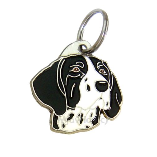 Custom personalized dog name tag German shorthaired pointer black and white

This unique, cute and quality dog id tag is offered with laser engraved name and phone no. or your custom text. Stainless steel split ring for easy attachment to your pets collar. All items are also available as keychains.
Gift for dogs and dog lovers.

Color: colored/silver
Size: 31 x 32 mm

Engraving area: 20 x 15 mm
Laser engraving personalization on the back side is included in the price. Enter the text you wish to have engraved. Suggestion: dog's name and phone number. We engrave on the back side of the tag. Engraving will be centered and easy to read. If you go over the recommended count then the text becomes smaller, and harder to read.

Metal, chrome plated dog tag or key ring. 
Hand made, hand colored, made in Slovenia. 

In stock.
