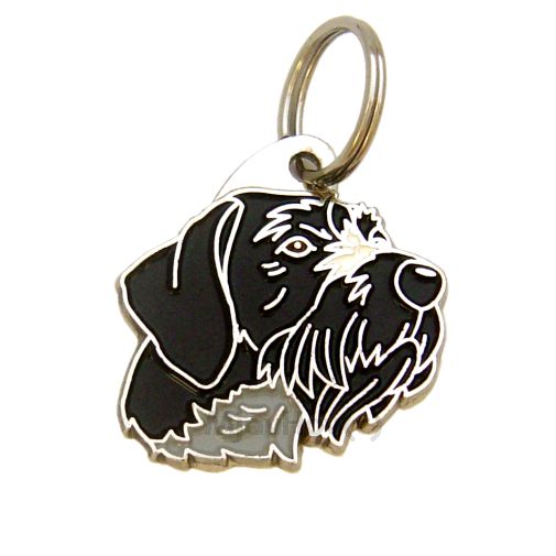 Custom personalized dog name tag GERMAN WIREHAIRED POINTER BLACK
Color: colored/silver 
Dim:  29 x 31 mm
Engraving area: 
20 x 15 mm
Metal, chrome plated pet tag.
 
Personalized laser engraving on the back side included.

Hand made 
MADE IN SLOVENIA

In stock.
