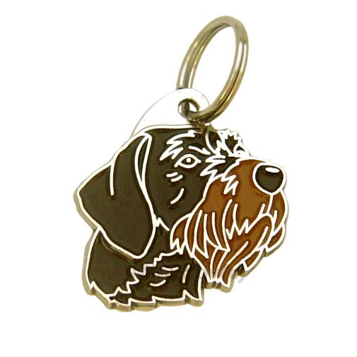 Custom personalized dog name tag GERMAN WIREHAIRED POINTER BROWN
Color: colored/silver 
Dim:  29 x 31 mm
Engraving area: 
20 x 15 mm
Metal, chrome plated pet tag.
 
Personalized laser engraving on the back side included.

Hand made 
MADE IN SLOVENIA

In stock.
