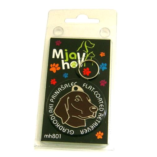 Custom personalized dog name tag FLAT-COATED RETRIEVER BROWN
Color: colored/silver 
Dim: 33 x 32 mm
Engraving area: 
22 x 18 mm
Metal, chrome plated pet tag.
 
Personalized laser engraving on the back side included.

Hand made 
MADE IN SLOVENIA

In stock.
