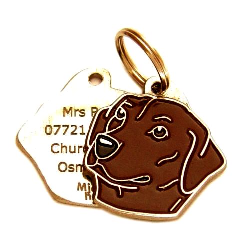 Custom personalized dog name tag Labrador retriever brown

This unique, cute and quality dog id tag is offered with laser engraved name and phone no. or your custom text. Stainless steel split ring for easy attachment to your pets collar. All items are also available as keychains.
Gift for dogs and dog lovers.

Color: colored/silver
Size: 30 x 32 mm

Engraving area: 20 x 17 mm
Laser engraving personalization on the back side is included in the price. Enter the text you wish to have engraved. Suggestion: dog's name and phone number. We engrave on the back side of the tag. Engraving will be centered and easy to read. If you go over the recommended count then the text becomes smaller, and harder to read.

Metal, chrome plated dog tag or key ring. 
Hand made, hand colored, made in Slovenia. 

In stock.
