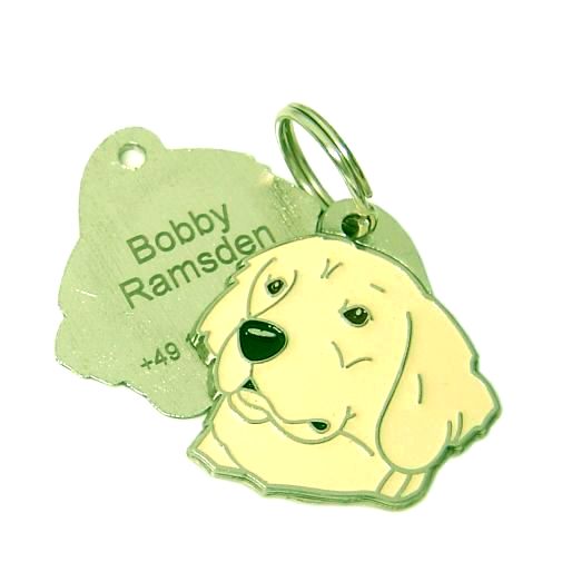 Custom personalized dog name tag Golden retriever

This unique, cute and quality dog id tag is offered with laser engraved name and phone no. or your custom text. Stainless steel split ring for easy attachment to your pets collar. All items are also available as keychains.
Gift for dogs and dog lovers.

Color: colored/silver
Size: 32 x 33 mm

Engraving area: 21 x 20 mm
Laser engraving personalization on the back side is included in the price. Enter the text you wish to have engraved. Suggestion: dog's name and phone number. We engrave on the back side of the tag. Engraving will be centered and easy to read. If you go over the recommended count then the text becomes smaller, and harder to read.

Metal, chrome plated dog tag or key ring. 
Hand made, hand colored, made in Slovenia. 

In stock.
