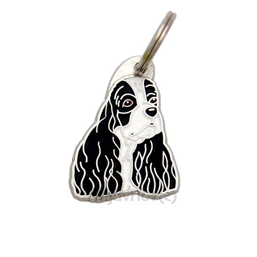 Custom personalized dog name tag American cocker spaniel black & white

This unique, cute and quality dog id tag is offered with laser engraved name and phone no. or your custom text. Stainless steel split ring for easy attachment to your pets collar. All items are also available as keychains.
Gift for dogs and dog lovers.

Color: colored/silver
Size: 24 x 34 mm

Engraving area: 17 x 13 mm
Laser engraving personalization on the back side is included in the price. Enter the text you wish to have engraved. Suggestion: dog's name and phone number. We engrave on the back side of the tag. Engraving will be centered and easy to read. If you go over the recommended count then the text becomes smaller, and harder to read.

Metal, chrome plated dog tag or key ring. 
Hand made, hand colored, made in Slovenia. 

In stock.
