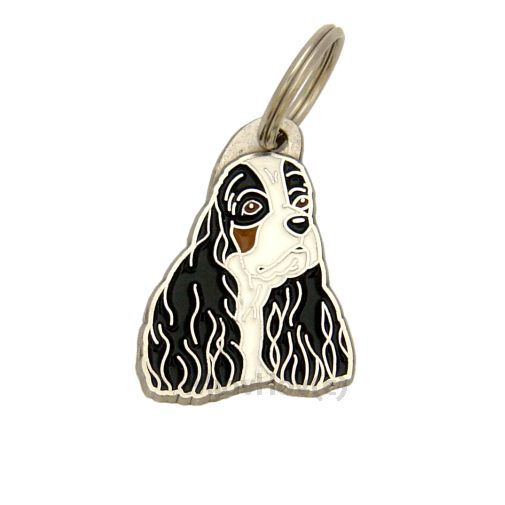 Custom personalized dog name tag American cocker spaniel tricolor

This unique, cute and quality dog id tag is offered with laser engraved name and phone no. or your custom text. Stainless steel split ring for easy attachment to your pets collar. All items are also available as keychains.
Gift for dogs and dog lovers.

Color: colored/silver
Size: 24 x 34 mm

Engraving area: 17 x 13 mm
Laser engraving personalization on the back side is included in the price. Enter the text you wish to have engraved. Suggestion: dog's name and phone number. We engrave on the back side of the tag. Engraving will be centered and easy to read. If you go over the recommended count then the text becomes smaller, and harder to read.

Metal, chrome plated dog tag or key ring. 
Hand made, hand colored, made in Slovenia. 

In stock.
